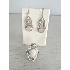 Vintage Sterling Silver Napel Moonstone and Topaz Ring and Earring Set